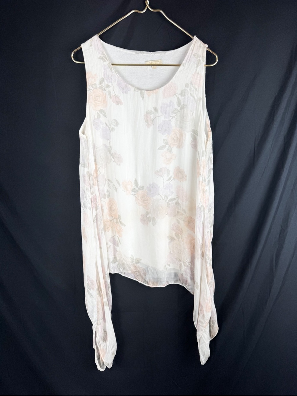 Giusy Italy Floral Silk Blouse Womens L Large Pastel Watercolor Asymmetric Tunic
